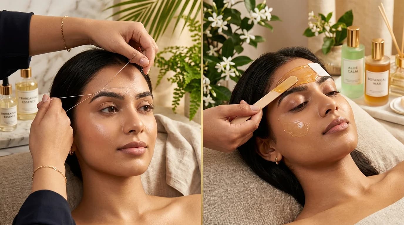 Side-by-side eyebrow threading and waxing treatment at Page 3 Luxury Salon Madurai